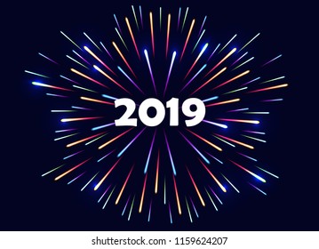 New Year greeting post card with number 2019 and colorful bright firework explosion