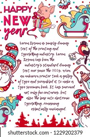 New year greeting postcard or banner .Frame for text with pig, santa, sleigh, New Year's tree. Holidays vector illustration a4 size.