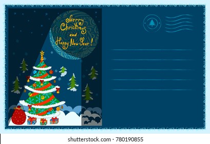 New Year greeting postcard with full moon on blue background. Text: "Merry Christmas and Happy New Year".
