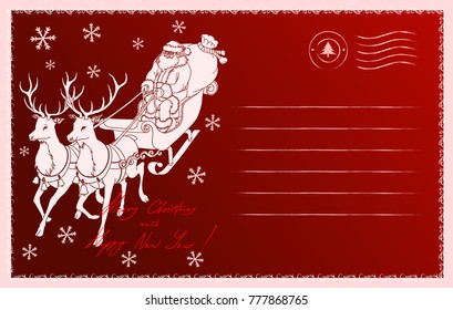 New Year greeting postcard where silhouetter of Santa Claus rides on deer. Vector illustration on red background.