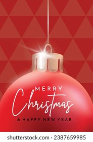 New Year greeting poster. Big red Christmas ball on a red background.Holiday Christmas card.