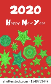 New year greeting. Red background and green stars and polygons. Party poster, postcard.