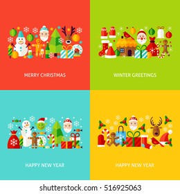 New Year Greeting Set. Flat Design Vector Illustration. Collection of Christmas Posters.