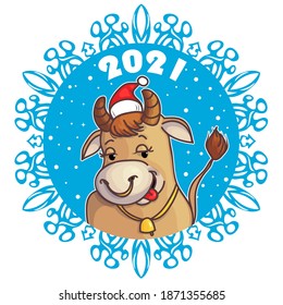 New Year Greeting snowflake with ox, symbol of 2021 year, vector image