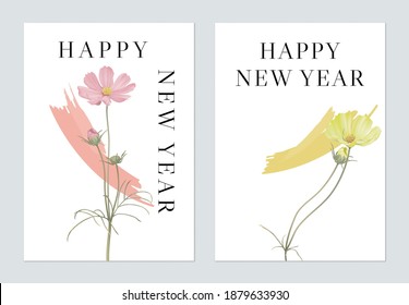 New Year greeting template design, pink and yellow cosmos flowers on white