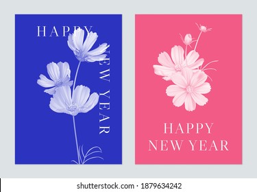 New Year greeting template design, cosmos bouquet on blue and pink