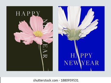 New Year greeting template design, cosmos flowers on blue and dark grey