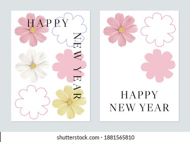New Year greeting template design, blossom cosmos flowers on white