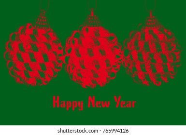 New year greeting template with red christmas bulbs on green background - vector illustration