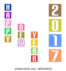 New Year Greetings for 2017 with colorful cubes beneath it in columns with colored inscription Happy New Year 2017 on a white background