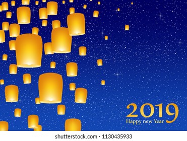New year greetings for year 2019 with bright blue sky with glowing stars with yellow lights and flying chinese lucky lanterns with clematis on left on a blue background 