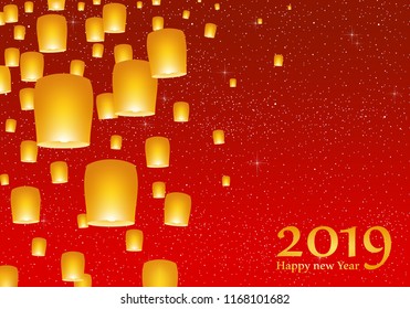 New year greetings for year 2019 with bright red sky with glowing stars with yellow lights and flying chinese lucky lanterns with clematis on left on a red background 