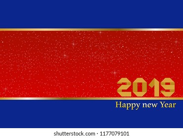 New year greetings for year 2019 with bright blue background and red strip and gold ribbon with glowing stars with yellow lights with number