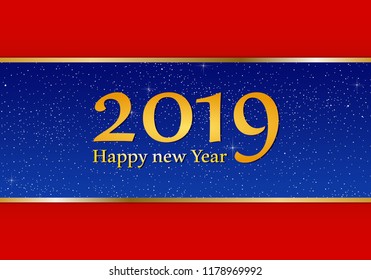 New year greetings for year 2019 with bright blue background and red strip and gold ribbon with glowing stars with yellow lights with number