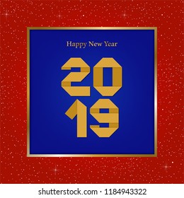 New year greetings for year 2019 with bright red background with glowing stars with gold lights with number in the golden ribbon frame and blue square 