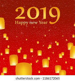 New year greetings for year 2019 with bright red background with glowing stars with yellow lights and flying chinese lucky lanterns with clematis with number 