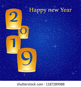 New year greetings for year 2019 with bright blue background with glowing stars with yellow lights and flying chinese lucky lanterns with clematis with number 