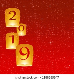 New year greetings for year 2019 with bright red background with glowing stars with yellow lights and flying chinese lucky lanterns with clematis with number 