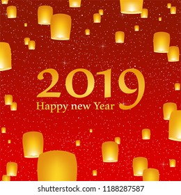 New year greetings for year 2019 with bright red background with glowing stars with yellow lights and flying chinese lucky lanterns with clematis with number 