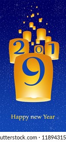 New year greetings for year 2019 with bright blue background with glowing stars with yellow lights and flying chinese lucky lanterns with clematis with number 