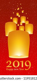 New year greetings for year 2019 with bright red background with glowing stars with yellow lights and flying chinese lucky lanterns with clematis with number 