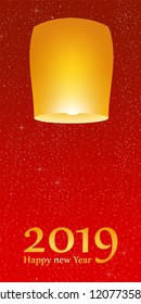 New year greetings for year 2019 with bright red background with glowing stars with yellow lights and flying chinese lucky lanterns with clematis with number 