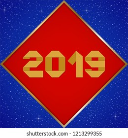 New year greetings for year 2019 with bright blue background with glowing stars with gold lights with number in the golden ribbon frame and red square 