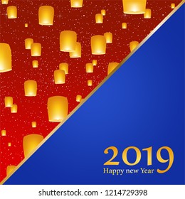 New year greetings for year 2019 with bright red background with glowing stars with yellow lights and flying chinese lucky lanterns with clematis with number on a blue triangel