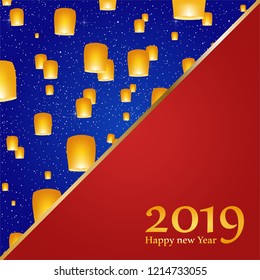 New year greetings for year 2019 with bright blue background with glowing stars with yellow lights and flying chinese lucky lanterns with clematis with number on a red triangel 