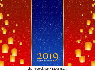 New year greetings for year 2019 with bright red background and red strip, yellow lights and flying chinese lucky lanterns with clematis, gold ribbon with glowing stars with yellow lights with number 