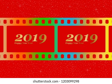 New year greetings for 2019 with colorful blank film and photographic window with golden inscription Happy new year and number 2019 on a red background with starts