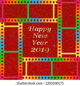 New year greetings for 2019 with colorful blank film and photographic window with golden inscription Happy new year and number 2019 on a background of color film strips 