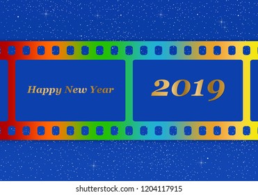 New year greetings for 2019 with colorful blank film and photographic window with golden inscription Happy new year and number 2019 on a blue background with starts 