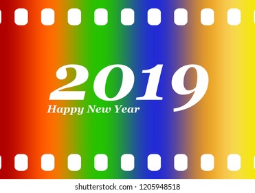 New year greetings for 2019 with colorful blank film and photographic window with white inscription Happy new year and number 2019 on a color background 