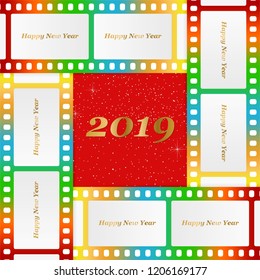 New year greetings for 2019 with colorful blank film and photographic window with golden inscription Happy new year and number 2019 on a background of color film strips 