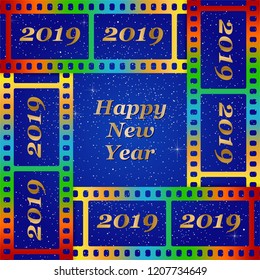 New year greetings for 2019 with colorful blank film and photographic window with golden inscription Happy new year and number 2019 on a background of color film strips 