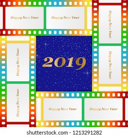 New year greetings for 2019 with colorful blank film and photographic window with golden inscription Happy new year and number 2019 on a background of color film strips 