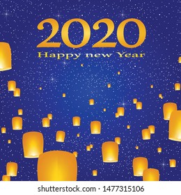New year greetings for year 2020 with bright blue sky with glowing stars with yellow lights and flying chinese lucky lanterns with clematis on down on a blue background