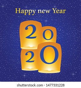 New year greetings for year 2020 with bright blue background with glowing stars with yellow lights and flying chinese lucky lanterns with clematis with number