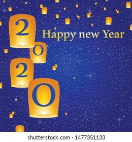 New year greetings for year 2020 with bright blue background with glowing stars with yellow lights and flying chinese lucky lanterns with clematis with number