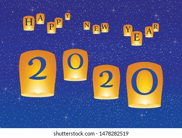 New year greetings for year 2020 with bright blue sky with glowing stars with yellow lights and flying chinese lucky lanterns with clematis on down on a blue background