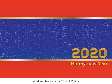 New year greetings for year 2020 with bright blue background and red strip and gold ribbon with glowing stars with yellow lights with number