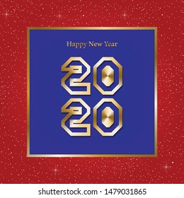 New year greetings for year 2020 with bright red background with glowing stars with gold lights with number in the golden ribbon frame and blue square