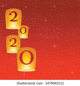 New year greetings for year 2020 with bright red background with glowing stars with yellow lights and flying chinese lucky lanterns with clematis with number
