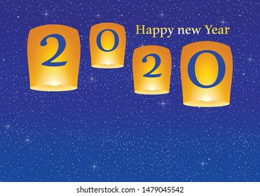 New year greetings for year 2020 with bright blue background with glowing stars with yellow lights and flying chinese lucky lanterns with clematis with number