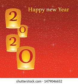 New year greetings for year 2020 with bright red background with glowing stars with yellow lights and flying chinese lucky lanterns with clematis with number