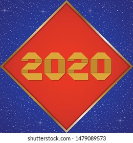 New year greetings for year 2020 with bright blue background with glowing stars with gold lights with number in the golden ribbon frame and red square