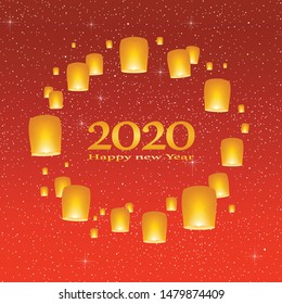 New year greetings for year 2020 with bright red background with glowing stars with yellow lights and flying chinese lucky lanterns with clematis with number
