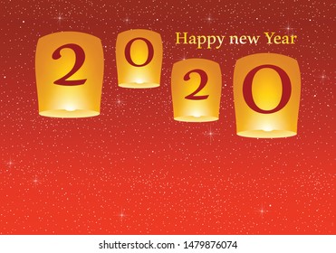 New year greetings for year 2020 with bright red background with glowing stars with yellow lights and flying chinese lucky lanterns with clematis with number