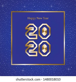 New year greetings for year 2020 with bright blue background with glowing stars with gold lights with number in the golden ribbon frame and blue square